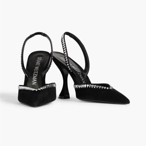 STUART WEITZMAN Gem Cut Crystal Embellished Black Suede Slingback Pumps Size 6.5